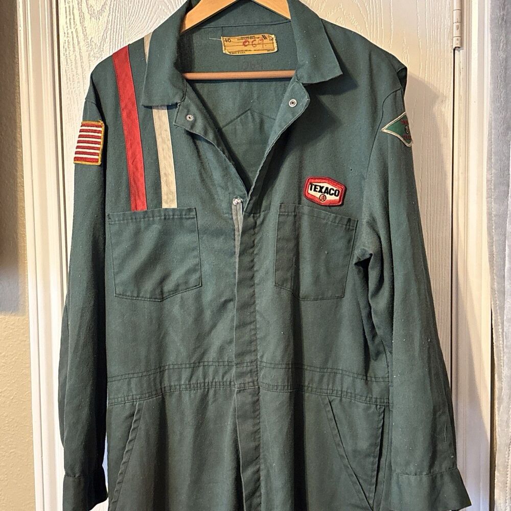 Vintage Uniform Dimond Texaco Coveralls Mens 46 Green Mechanic Workwear 70s READ
